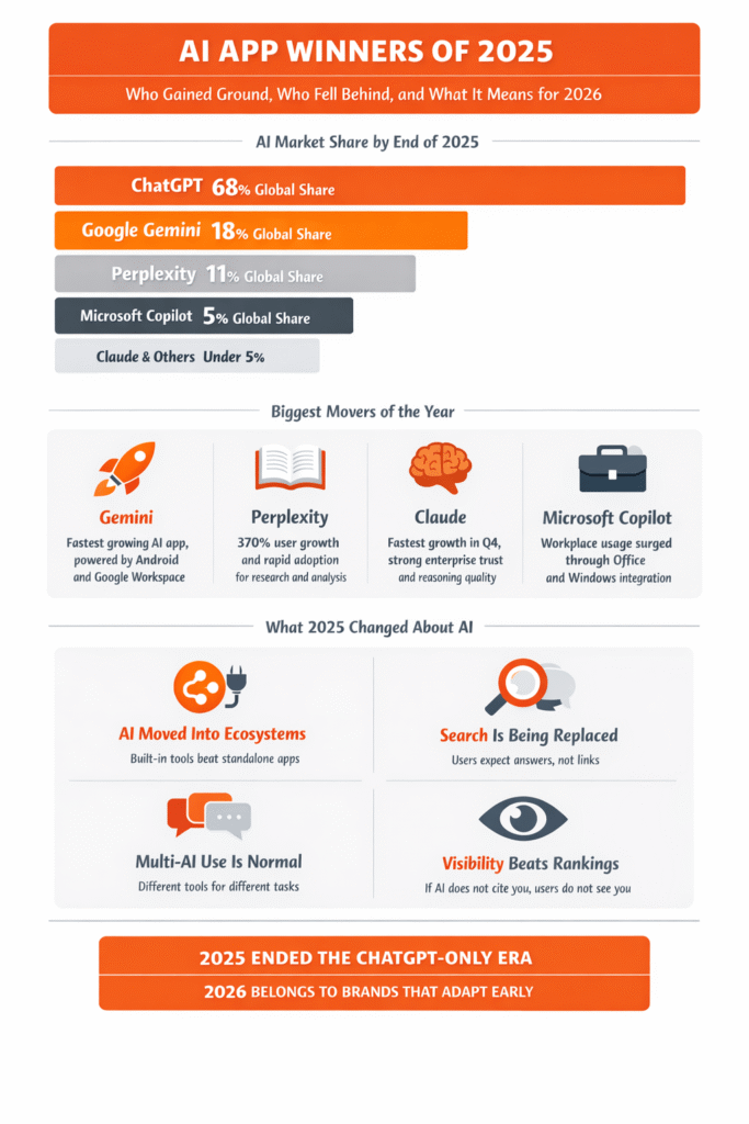 Infographic showing AI app market share and growth trends in 2025, including ChatGPT, Gemini, Perplexity, and Copilot.