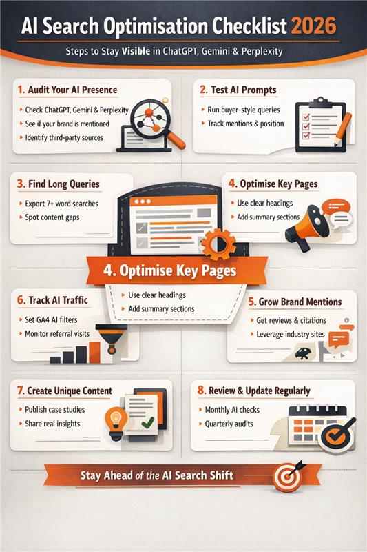 Infographic explaining how to optimise for AI search in 2026, including visibility in ChatGPT, Gemini, and Perplexity.